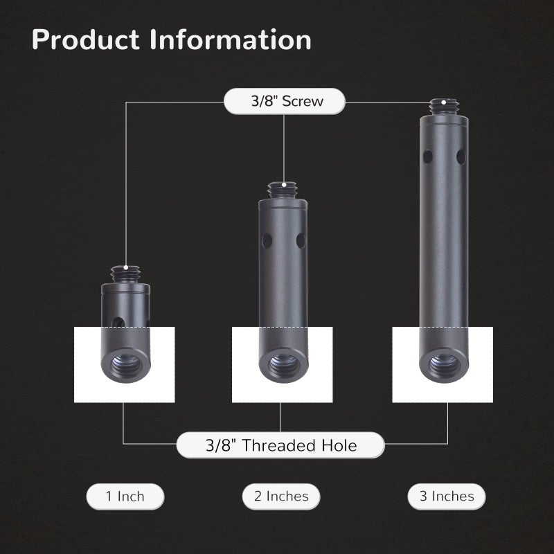 Nitze عصا نيتزي 15 مم مع برغي 3/8 بوصة 1 بوصة/2 بوصة/3 بوصة (3 قطع) من سبائك الألمنيوم مع خيوط ذكر إلى أنثى 3/8 بوصة - R15-3/8-KIT - Image 2